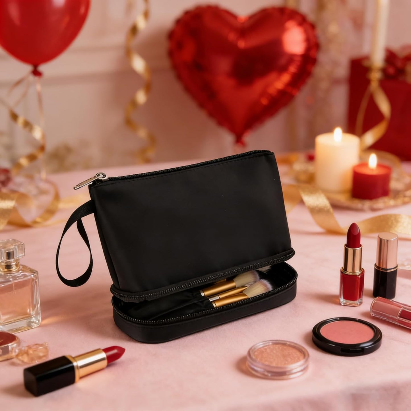 Small Makeup Bag, 2 Layers Travel Makeup Bag with Makeup Brush Holder, Cosmetic Bag Black Make up Pouch for Women/Girls