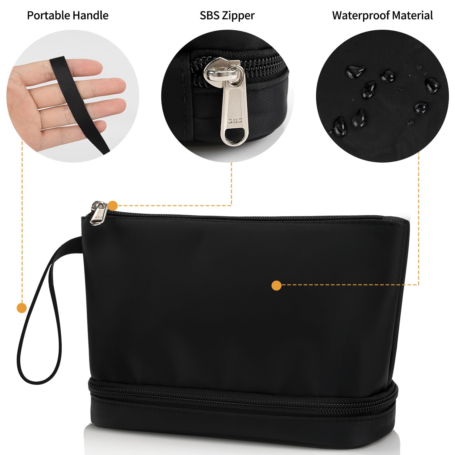 Small Makeup Bag, 2 Layers Travel Makeup Bag with Makeup Brush Holder, Cosmetic Bag Black Make up Pouch for Women/Girls