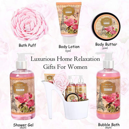 Mother’S Day Gift Baskets for Women - 8 Pcs Luxury Rose Scented Heel Shoe Design Bath and Body Spa Basket - Shower Gel, Bubble Bath, Body Butter, Lotion & More -Gift for Her, Mom, Friends by