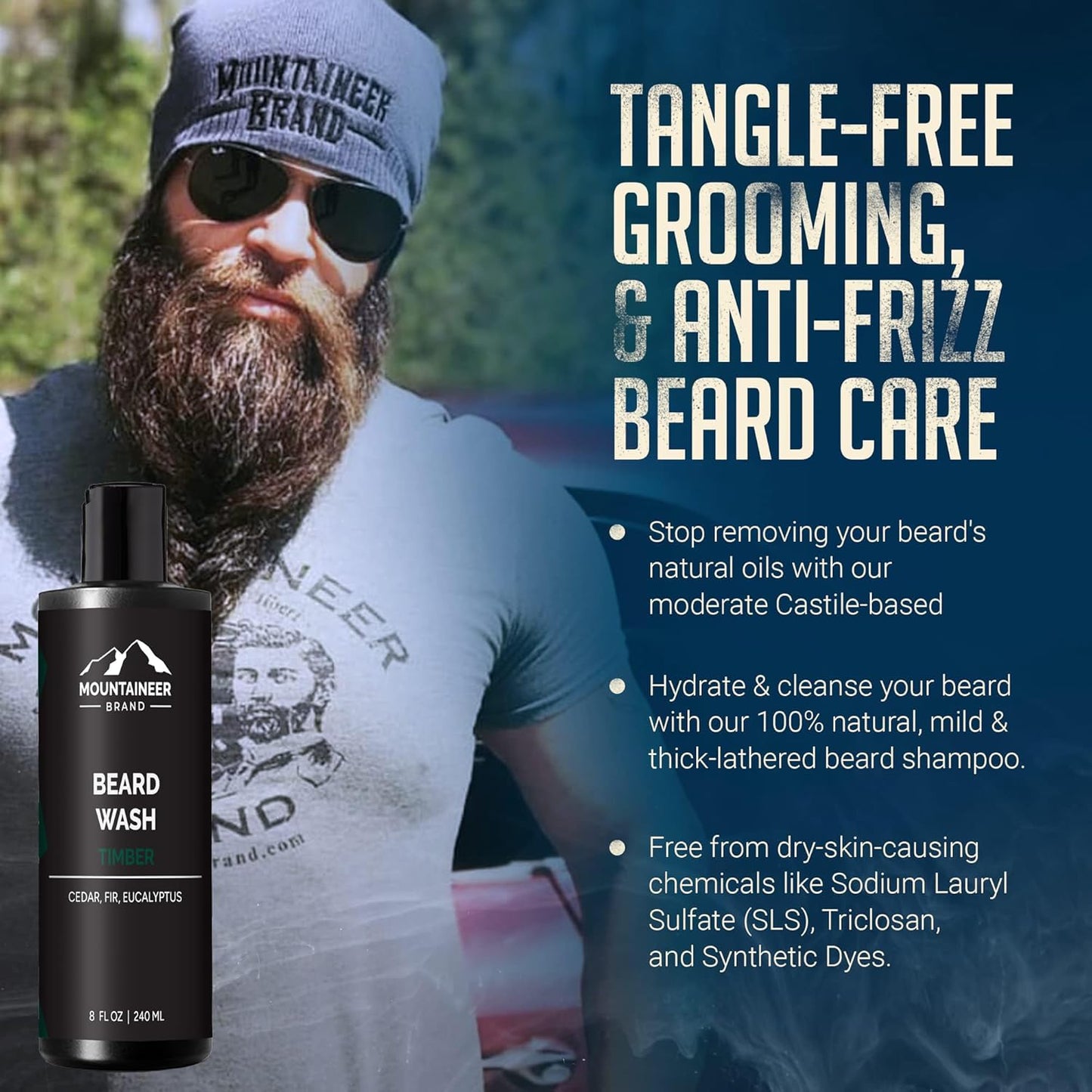 Natural Beard Wash for Men - 100% Organic Shampoo for Soft, Hydrated Beards - Timber Scented Grooming Treatment - 8oz