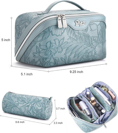 Travel Makeup Bags Cosmetic Organizer Bag: 3 Pcs Set Large Capacity Floral Make up Bag with Compartments - Waterproof Leather Toiletry Bags with Handle for Women (01-Light Blue)