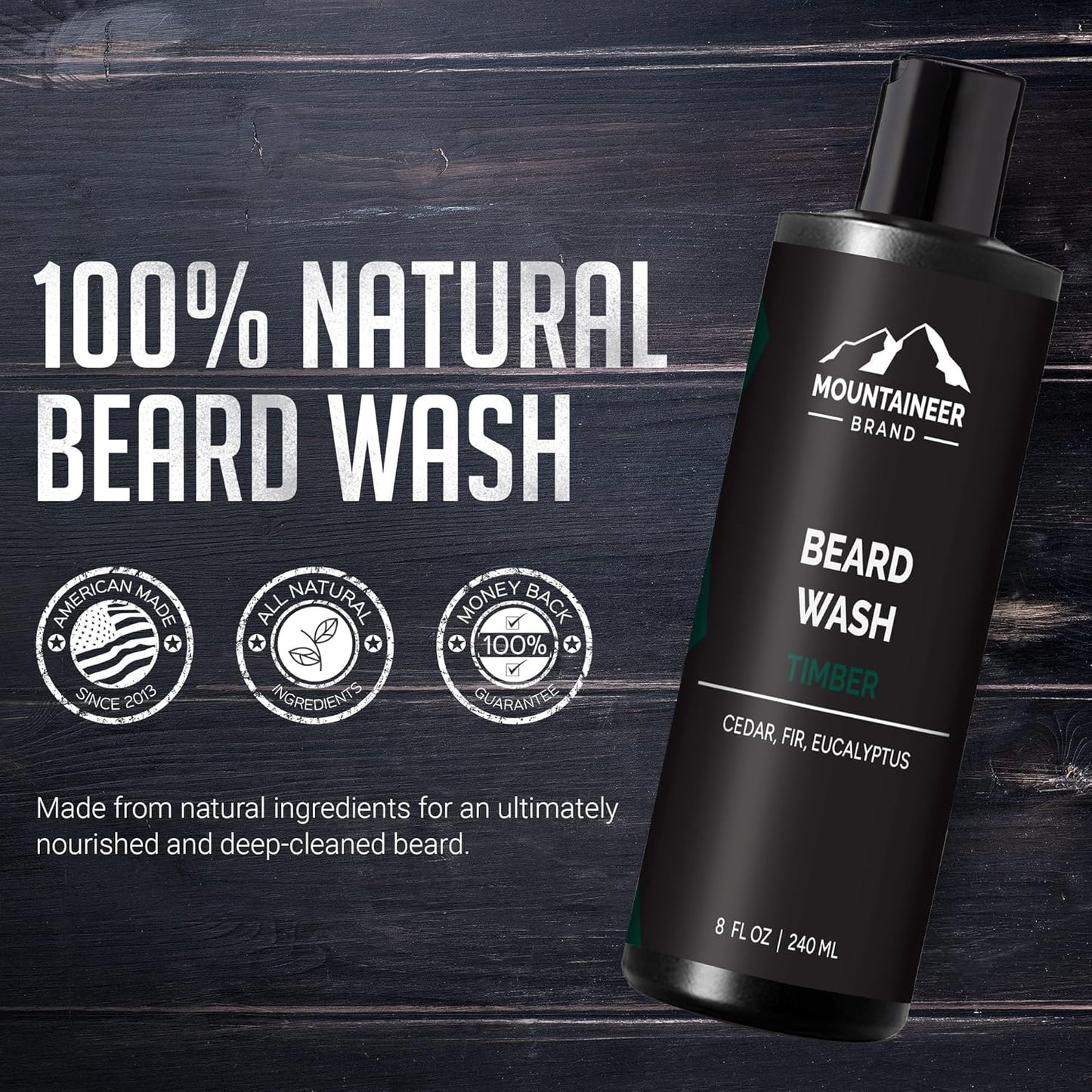 Natural Beard Wash for Men - 100% Organic Shampoo for Soft, Hydrated Beards - Timber Scented Grooming Treatment - 8oz