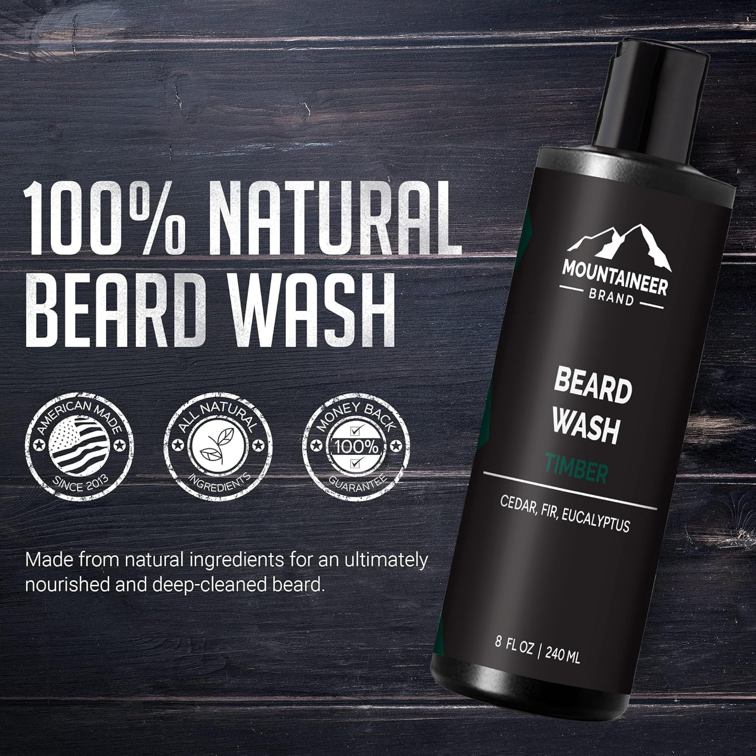 Natural Beard Wash for Men - 100% Organic Shampoo for Soft, Hydrated Beards - Timber Scented Grooming Treatment - 8oz