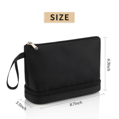 Small Makeup Bag, 2 Layers Travel Makeup Bag with Makeup Brush Holder, Cosmetic Bag Black Make up Pouch for Women/Girls
