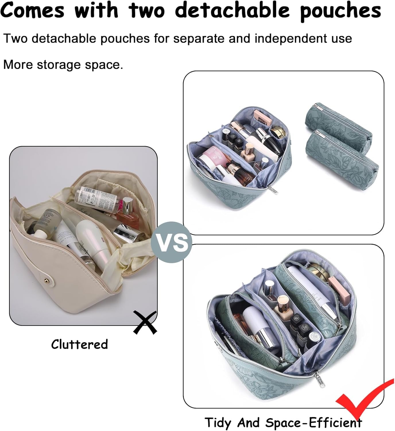 Travel Makeup Bags Cosmetic Organizer Bag: 3 Pcs Set Large Capacity Floral Make up Bag with Compartments - Waterproof Leather Toiletry Bags with Handle for Women (01-Light Blue)