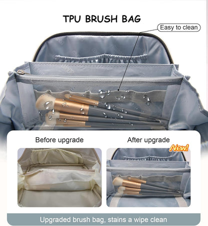 Travel Makeup Bags Cosmetic Organizer Bag: 3 Pcs Set Large Capacity Floral Make up Bag with Compartments - Waterproof Leather Toiletry Bags with Handle for Women (01-Light Blue)