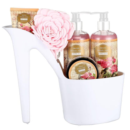 Mother’S Day Gift Baskets for Women - 8 Pcs Luxury Rose Scented Heel Shoe Design Bath and Body Spa Basket - Shower Gel, Bubble Bath, Body Butter, Lotion & More -Gift for Her, Mom, Friends by