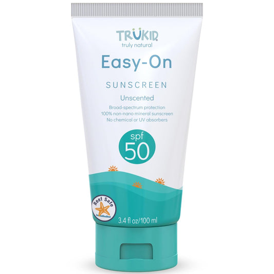 Easy on Mineral Sunscreen SPF 50 - Kids & Baby Sunscreen for Face & Body, Non-Toxic Zinc Oxide Sunblock Protection for Sensitive Skin, Unscented, FSA Eligible, Travel Size 3.4Oz